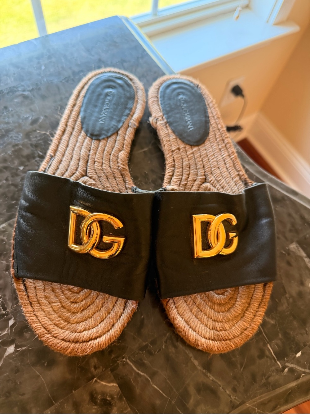 Dolce & Gabbana Black Leather and Tan Rope Slide Mules with Gold DG Emblem